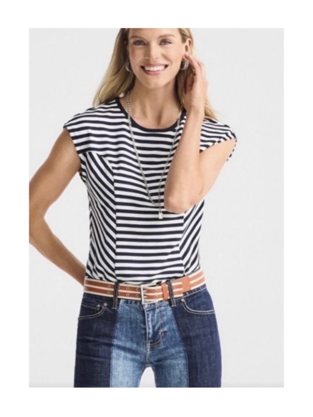 CAbi Navy and White Striped Tank Top